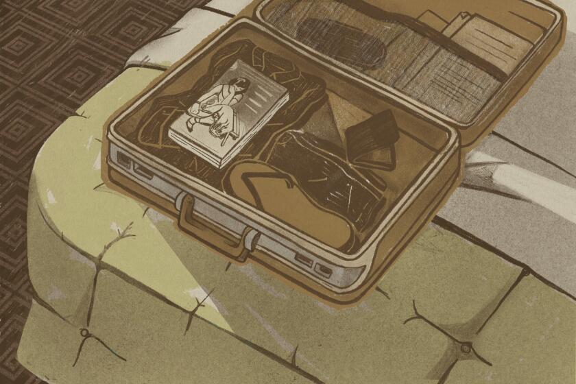 Illustration of an open briefcase on a hotel bed. A book lies on top of other items in the case.