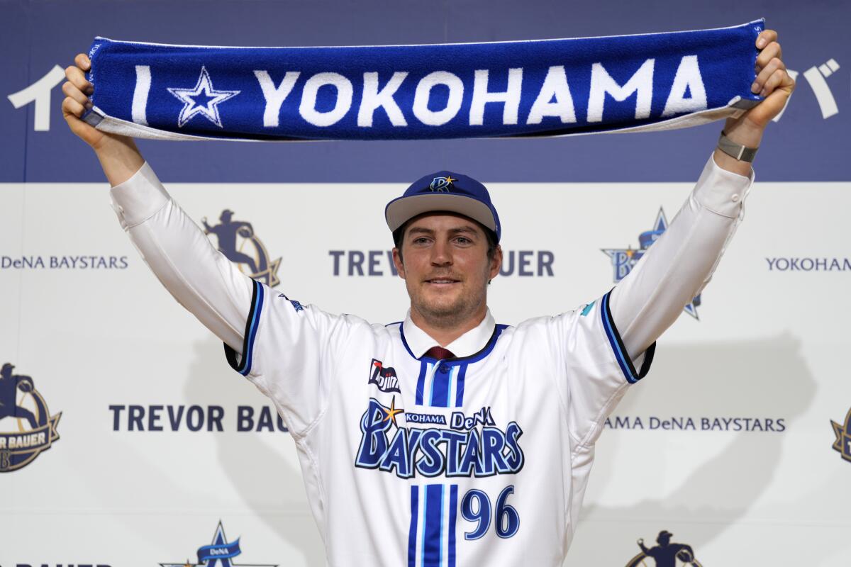 Trevor Bauer at his news conference with the Yokohama DeNA BayStars on March 24, 2023, in Yokohama, near Tokyo.