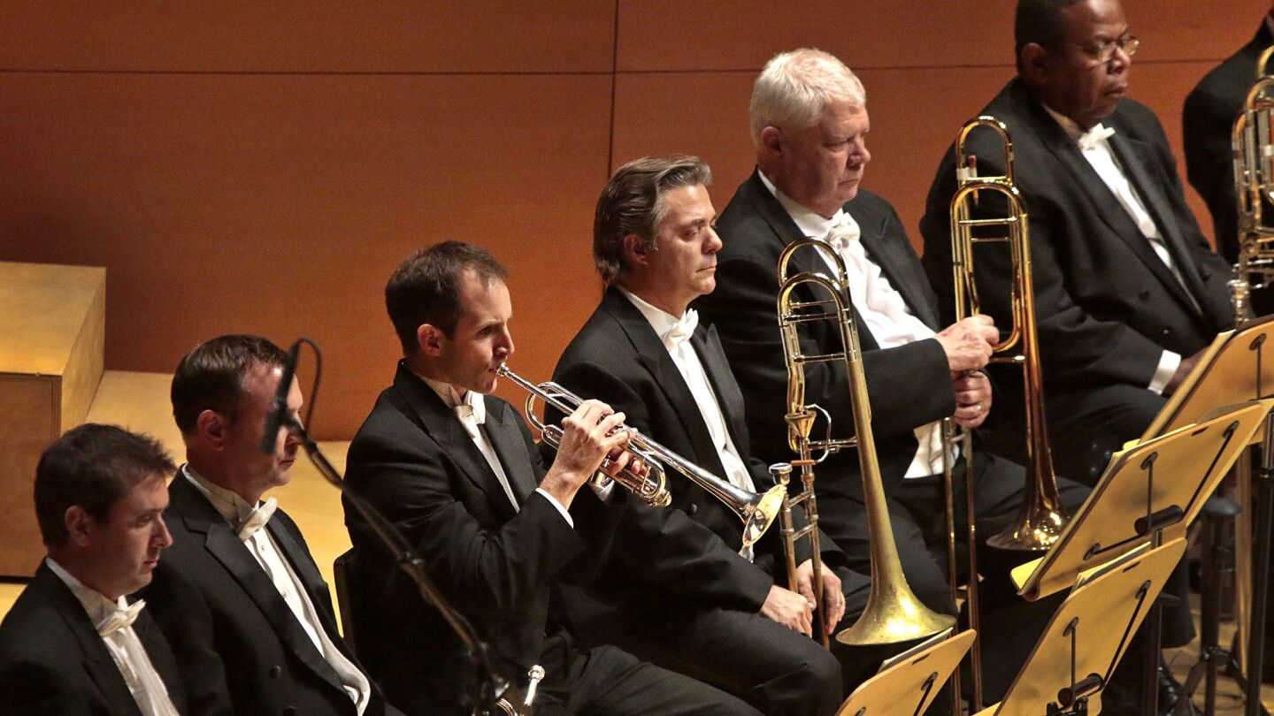 Hooten, third from left, leads off Mahler's Fifth Symphony at Walt Disney Concert Hall on Oct. 2, 2014.