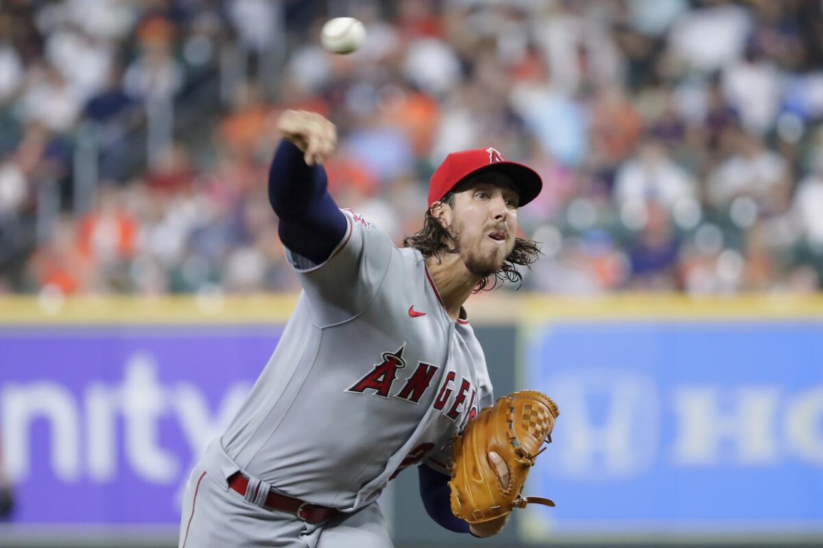 Angels starter Michael Lorenzen pitches against the Houston Astros during the first inning Sept. 9, 2022.