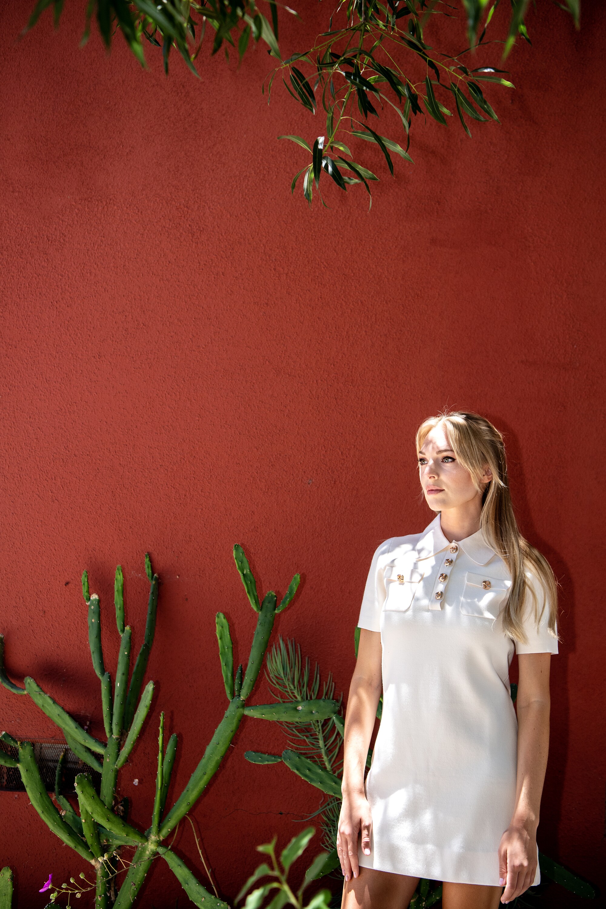 A blond woman in a white dress stands in front of a red wall, a cactus at her side. 