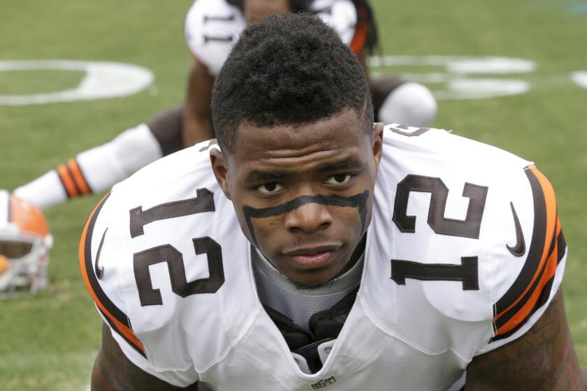 Cleveland Browns wide receiver Josh Gordon looks on before a loss to the Carolina Panthers on Sunday.