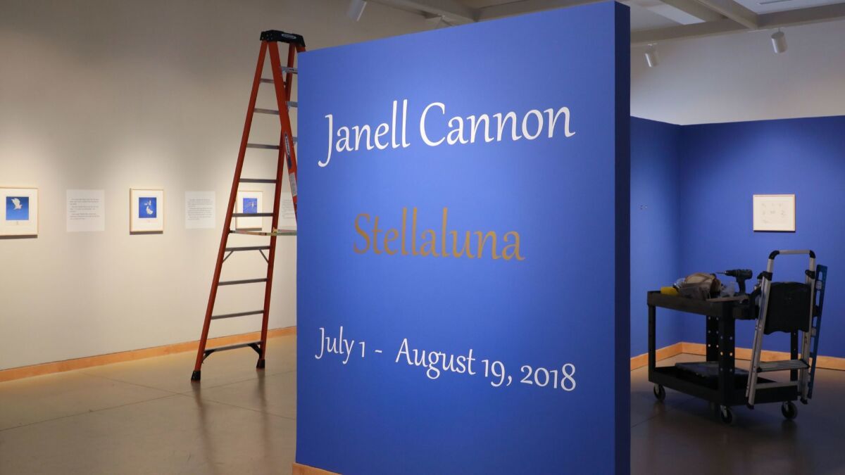 Installation under way Thursday on the "Janell Cannon: Stellaluna" exhibit opening July 1 at Carlsbad's Cannon Art Gallery.