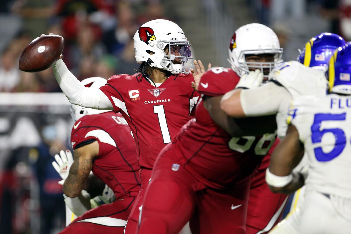 Arizona Cardinals quarterback Kyler Murray passes during a loss to the Rams on Monday.