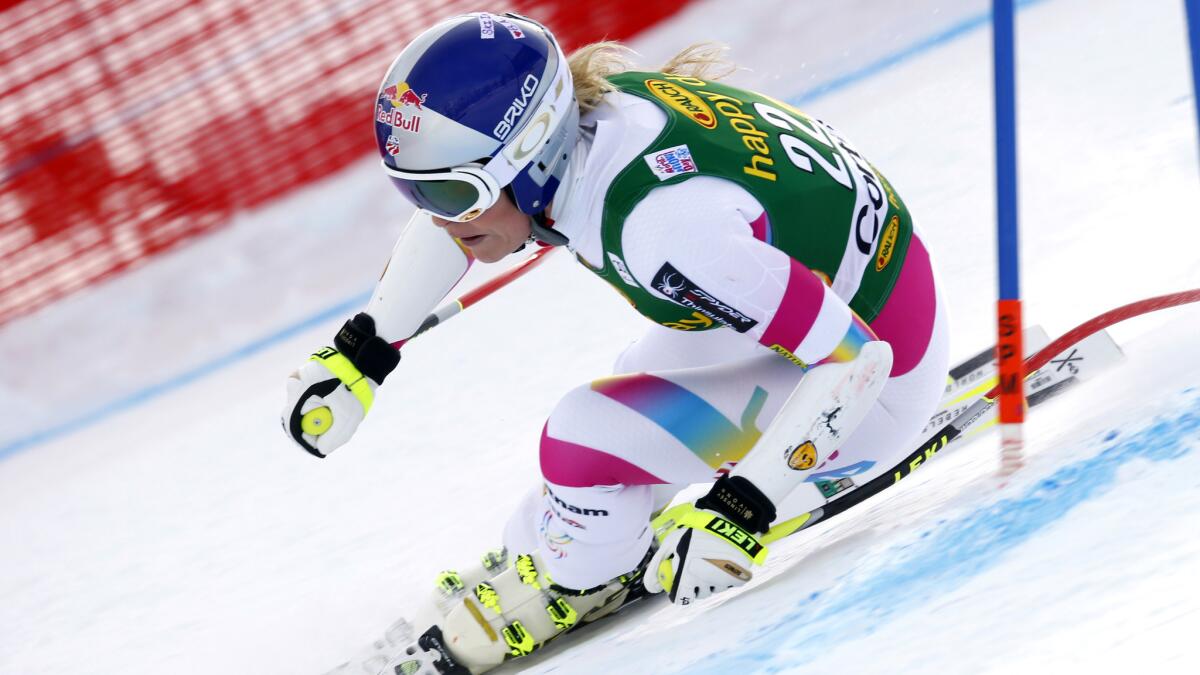 Lindsey Vonn skis during her winning run in a World Cup super-G race in Italy on Monday.