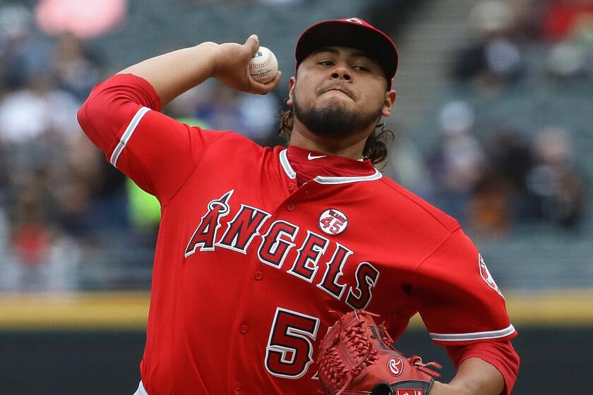 CHICAGO, ILLINOIS - SEPTEMBER 08: Jaime Barria #51 of the Los Angeles Angels pitches in the 1st inning against the Chicago White Sox at Guaranteed Rate Field on September 08, 2019 in Chicago, Illinois. (Photo by Jonathan Daniel/Getty Images)