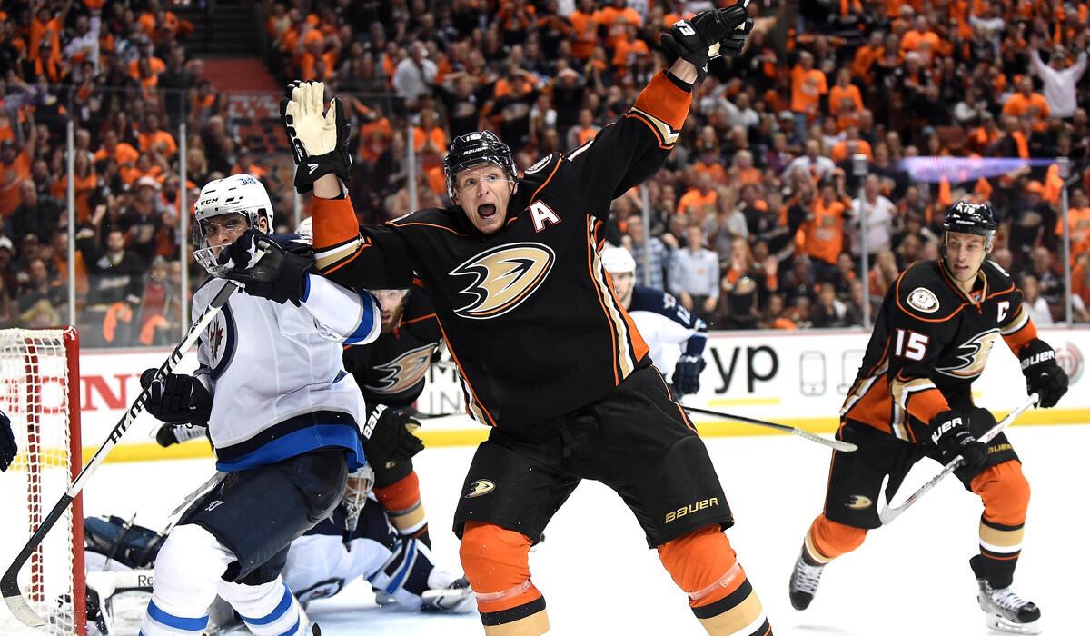 Anaheim's Corey Perry celebrates after scoring a goal during the Ducks' 4-2 win over the Winnipeg Jets in Game One of the Western Conference quarterfinals on Thursday.
