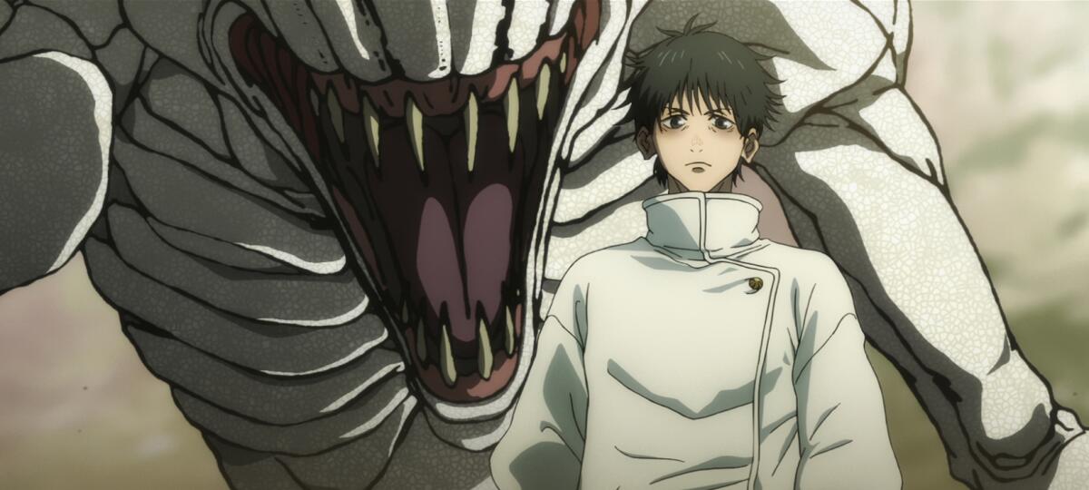 An animated still of a spiky-haired youth and a creature in the movie “Jujutsu Kaisen 0”