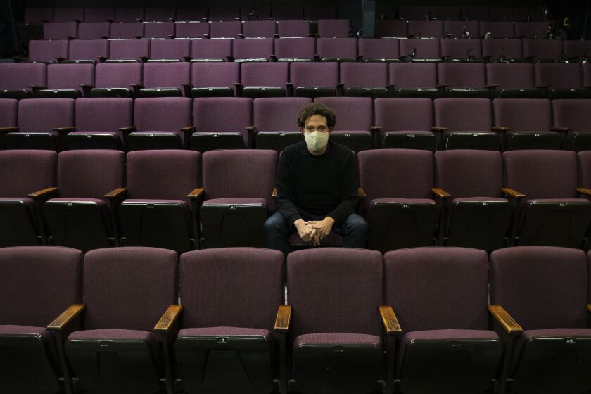 LOS ANGELES, CA - MAY 21, 2020: David Kurs, leader of Deaf West Theatre, sits in the empty Odyssey Theater since the coronavirus pandemic has canceled all the shows on May 21, 2020 in Los Aneles, California. (Gina Ferazzi / Los Angeles Times)