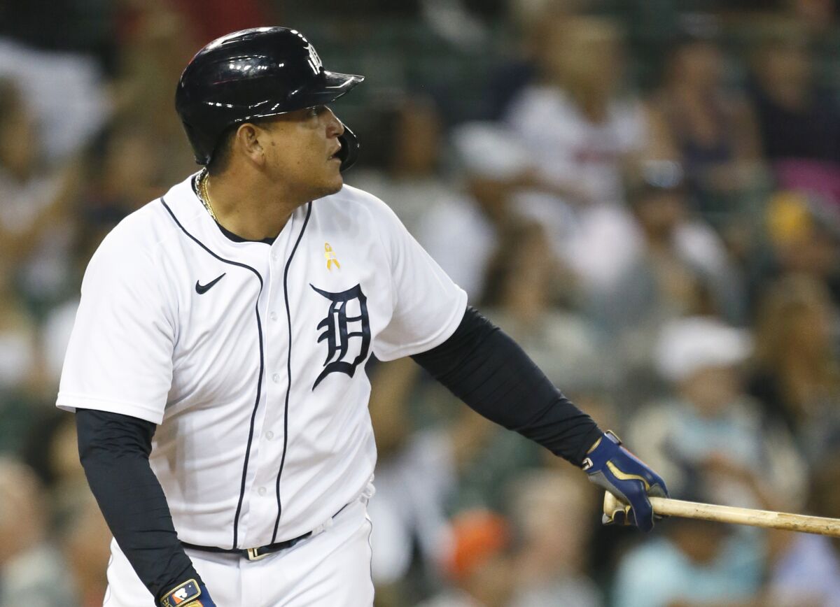 Detroit Tigers' Miguel Cabrera watches his two-run home run against the Oakland Athletics during the fourth inning of a baseball game Wednesday, Sept. 1, 2021, in Detroit. (AP Photo/Duane Burleson)