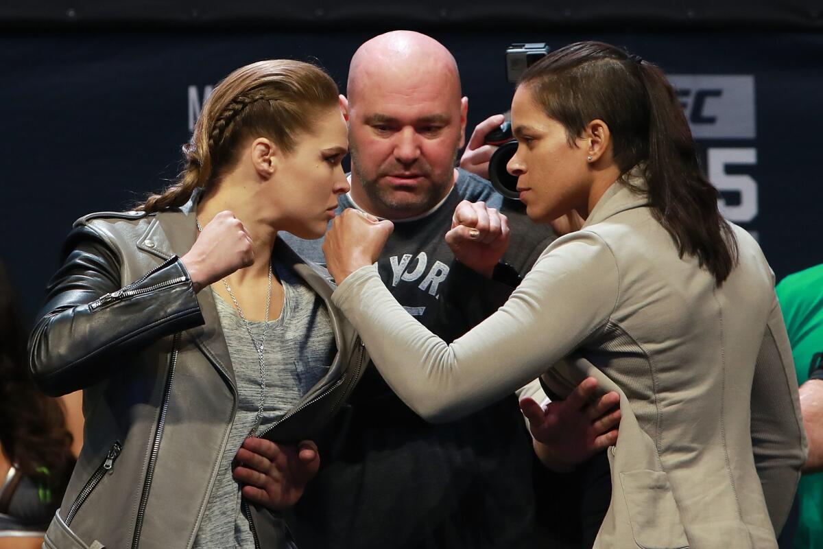 Ronda Rousey, left, will meet champion Amanda Nunes in the UFC 207 main event for the women's bantamweight championship on Friday at T-Mobile Arena in Las Vegas.