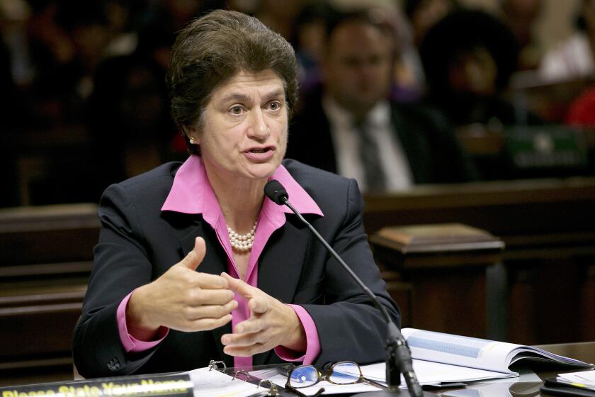 FILE - In this Aug. 23, 2017, file photo, California State Auditor Elaine Howle speaks during a joint legislative hearing in Sacramento, Calif. The California board that regulates the nursing industry falsified its records to make it appear it was properly investigating allegations made against the state's nurses, the types of complaints that include misconduct and can lead to nurses losing their licenses. That was revealed in a scathing new report Wednesday, June 30, 2020, from the California State Auditor. (AP Photo/Rich Pedroncelli, File)