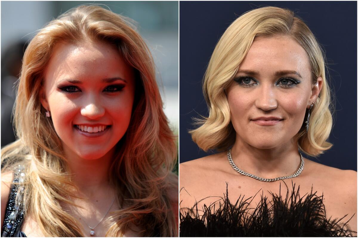 A photo of a young Emily Osment smiling with long blond hair and a more recent shot of her in a gown with black feather trim