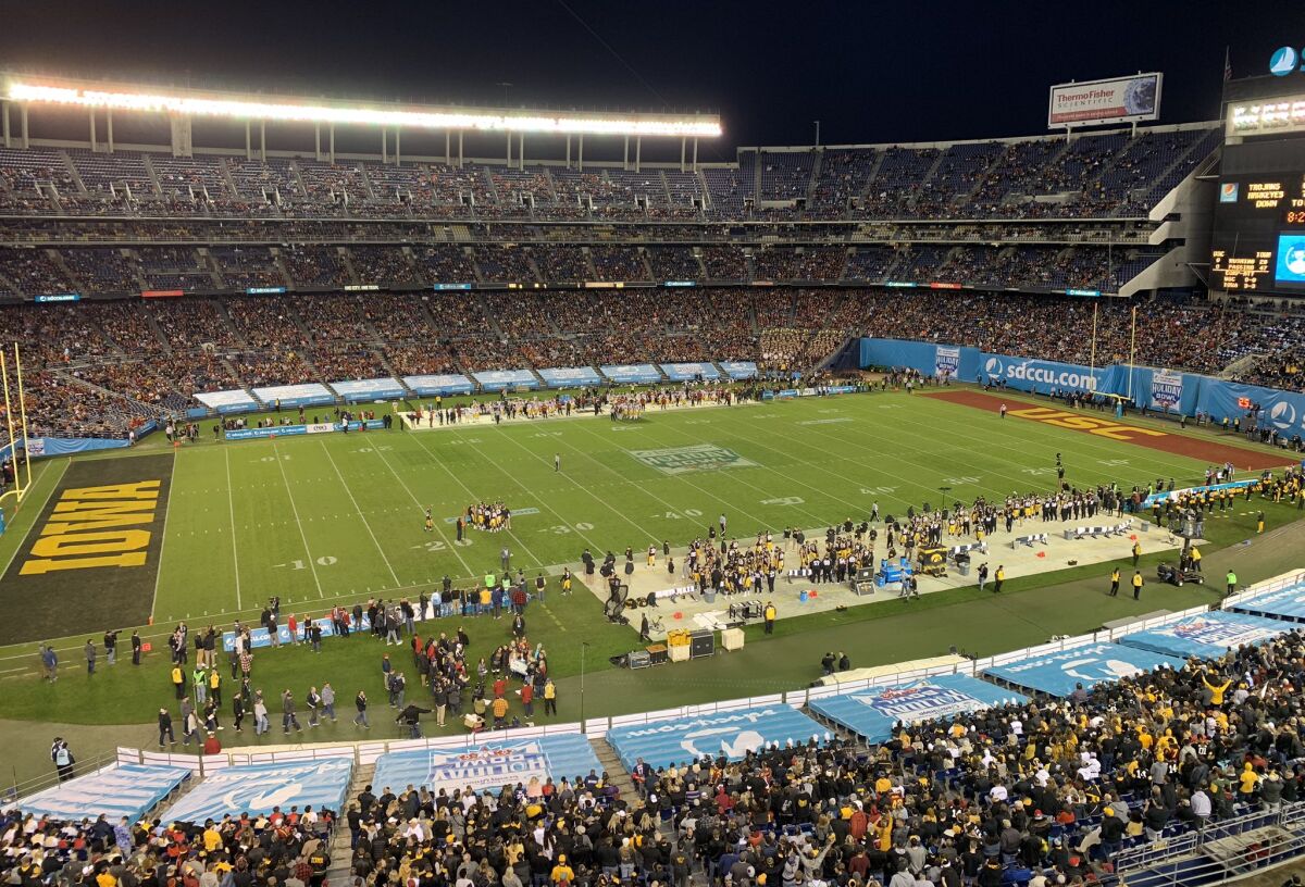 A view of the field during 2019 Holiday Bowl at SDCCU Stadium.