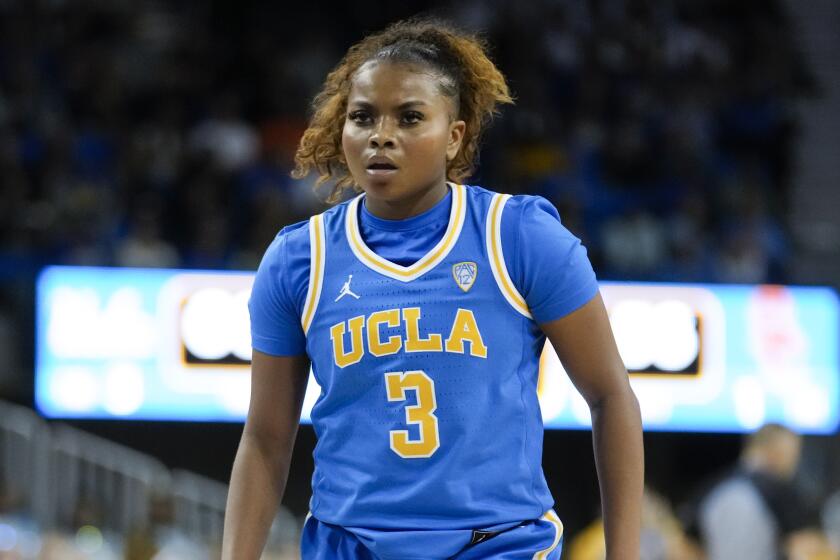 UCLA guard Londynn Jones (3) defends during the second half of an NCAA college basketball game.