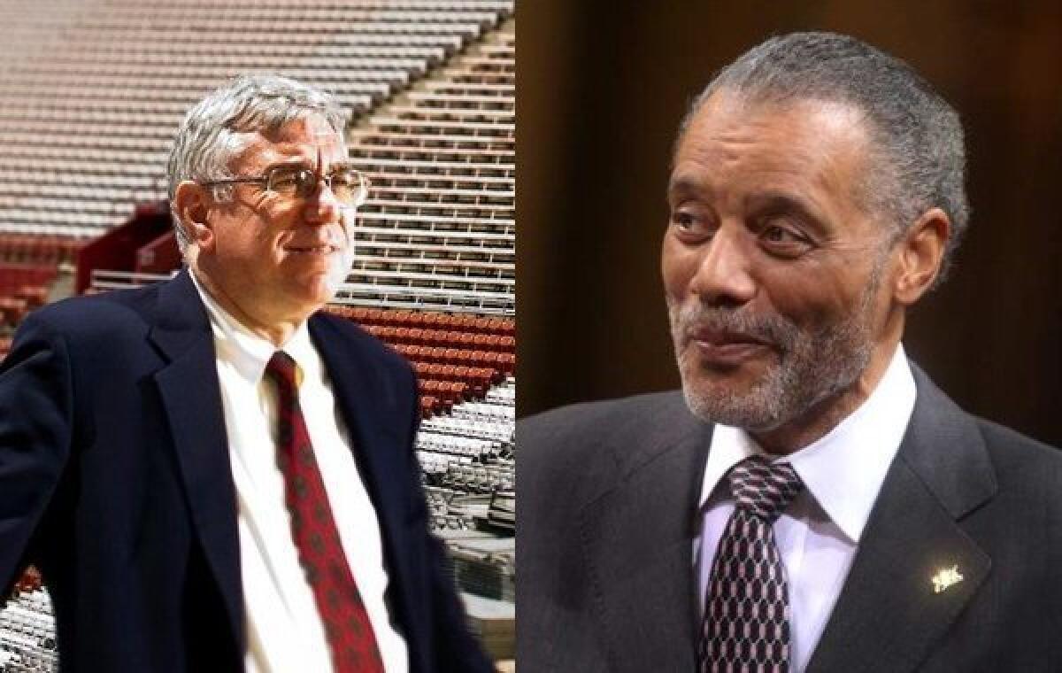 Monday's vote could be significant in the history of the storied Coliseum, which was built as a World War I memorial and paid off by taxpayers. Coliseum interim general manager John Sandbrook, left, in a 2011 photo, and City Councilman Bernard C. Parks, right.