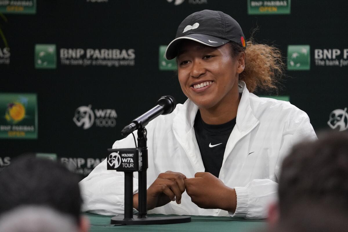Naomi Osaka speaks during a news conference at the BNP Paribas Open.