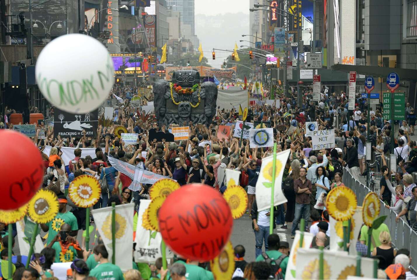 A marchers come down 6th Ave during the People's Climate March on September 21 2014, in New York.