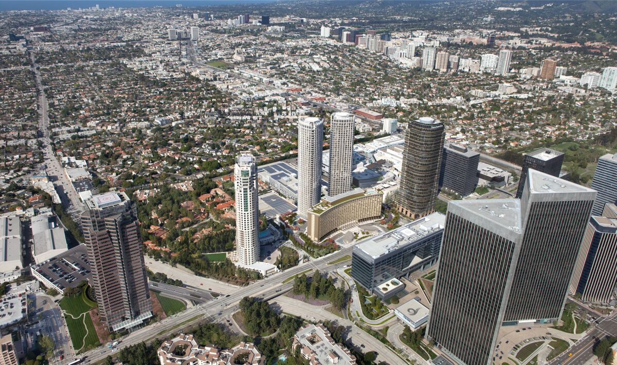 The $2.5-billion Century Plaza project involves renovating the 19-story crescent-shaped hotel, adding 63 private residences in the hotel, building two 44-story condo towers and adding 100,000 square feet of retail space.
