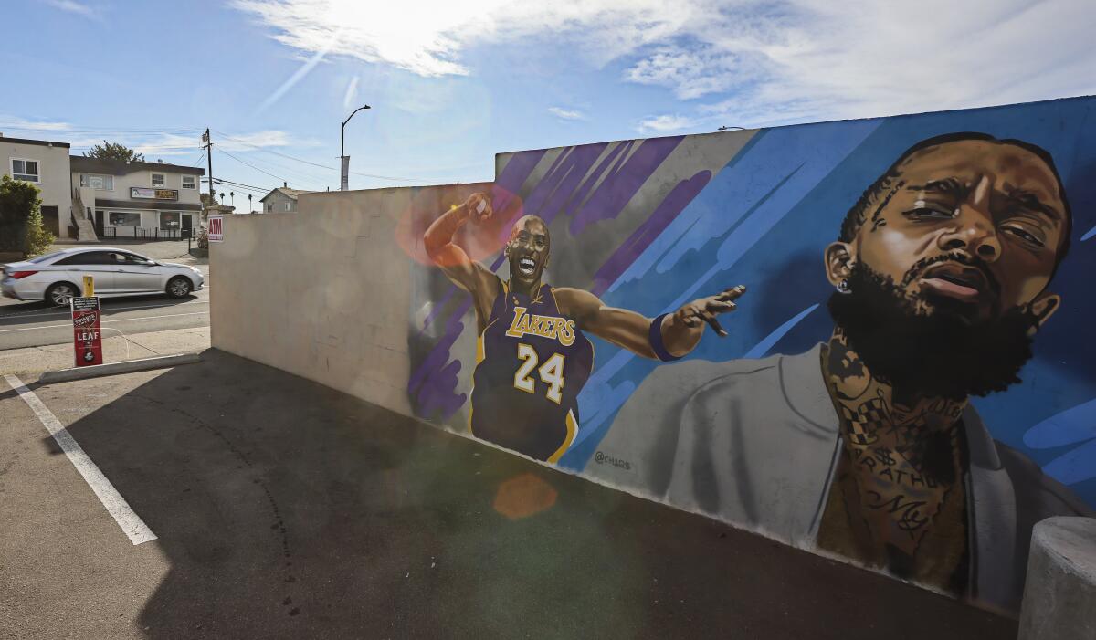 A mural of Nipsey Hussle and Kobe Bryant on Market Street in the Mt. Hope neighborhood