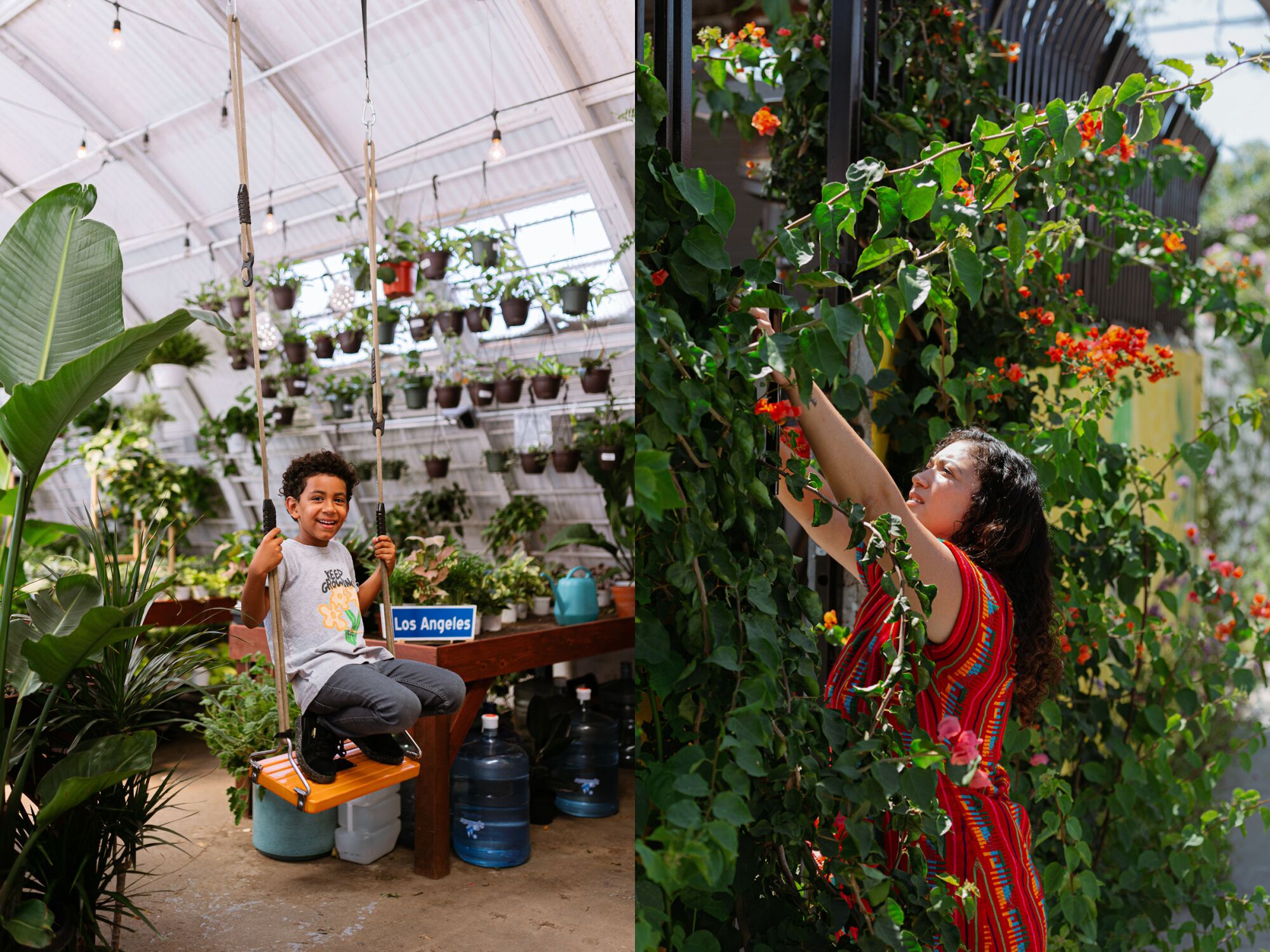 A boy on a swing in a plant-filled space; a woman rearranging parts of a flowering vine, right.