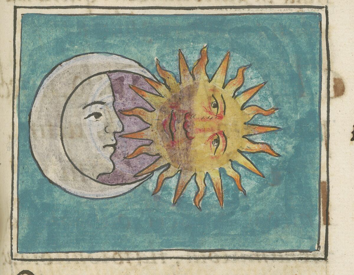 An illustration shows a moon with a human face approaching a brilliant sun, which also has a face, amid a blue sky.