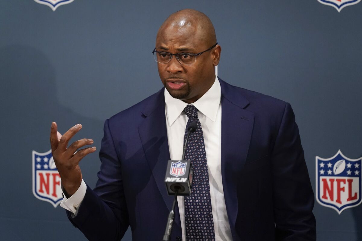 FILE - Troy Vincent, Executive Vice President of Football Operations at the NFL, speaks to reporters during NFL meetings in New York, Tuesday, Oct. 26, 2021. The NFL will consider significant changes to the kicking game. Troy Vincent said Friday, March 24, 2023, that the competition committee looked at various rules on kickoffs in college and the spring leagues to try to reduce injuries on what is one of the more dangerous plays. (AP Photo/Seth Wenig, File)