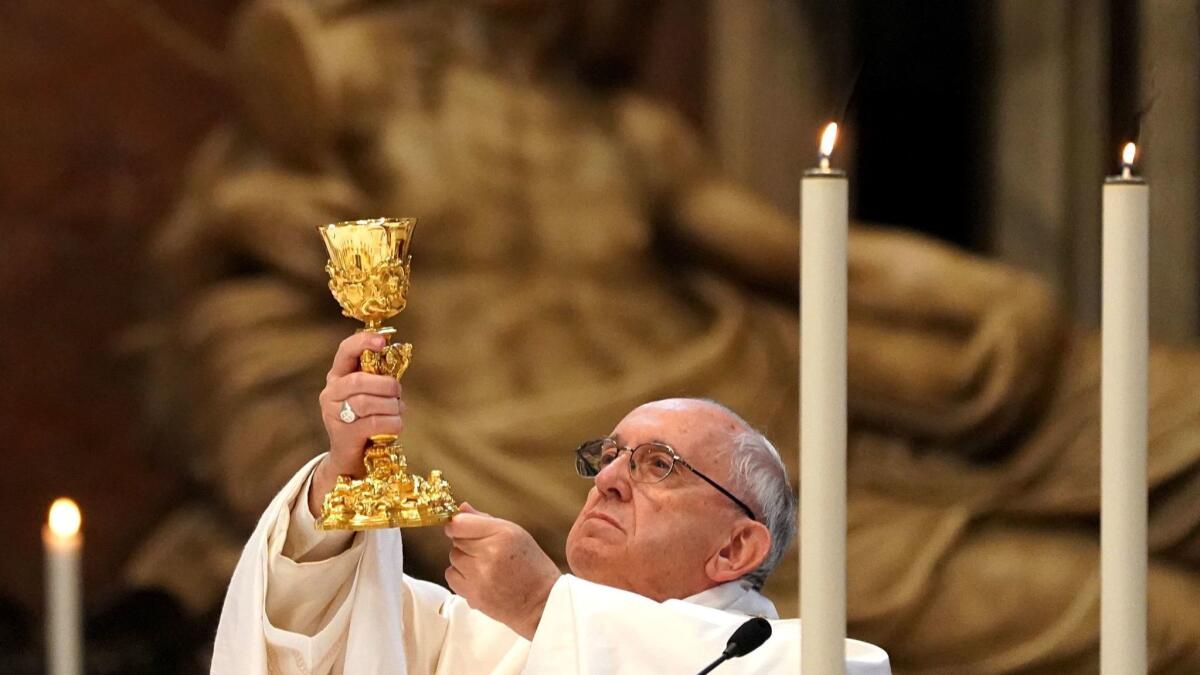 Pope Francis leads the Mass for the meeting of the missionaries of mercy in St. Peters basilica at the Vatican on Tuesday.