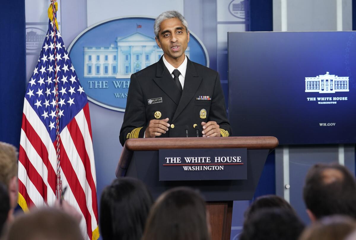 FILE - In this Thursday, July 15, 2021 file photo, Surgeon General Dr. Vivek Murthy speaks during the daily briefing at the White House in Washington. Murthy said Sunday, July 18 that he's concerned about what lies ahead with cases of COVID-19 increasing in every state, millions still unvaccinated and a highly contagious virus variant spreading rapidly. (AP Photo/Susan Walsh)