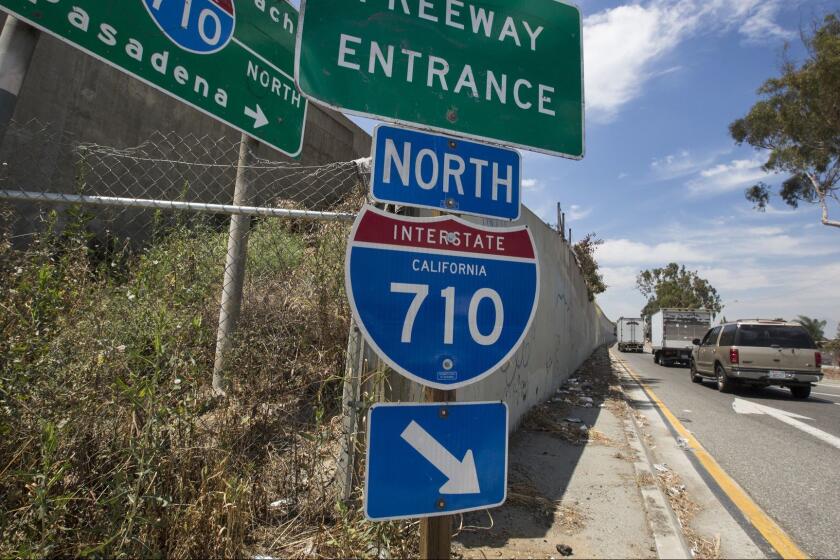 EAST LOS ANGELES, CALIF. -- WEDNESDAY, MAY 24, 2017: The northbound entrance to the Interstate 710 at Olympic Blvd. in East Los Angeles, Calif., on May 24, 2017. The freeway ends 4 miles down the highway at Valley Blvd. in Alhambra. (Brian van der Brug / Los Angeles Times)