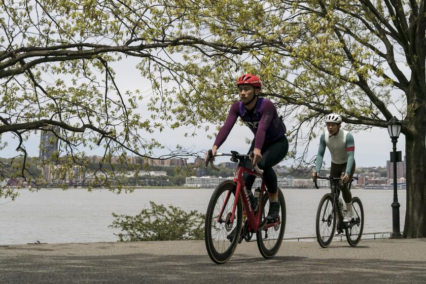 Cyclists ride along the Hudson River Greenway in Riverside Park in New York.