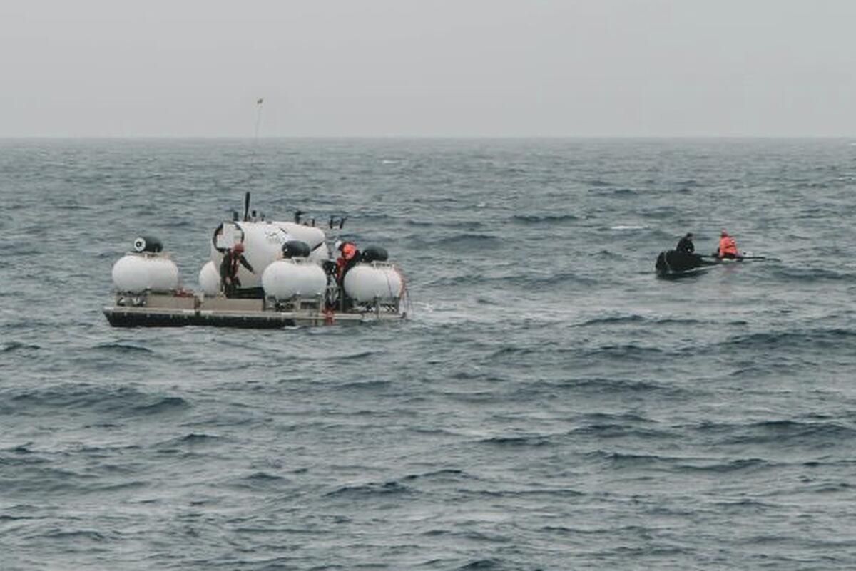 The submersible Titan is prepared for a dive into a remote area of the Atlantic Ocean.