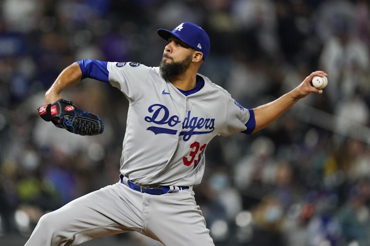 Dodgers relief pitcher David Price throws against the Colorado Rockies on April 2.