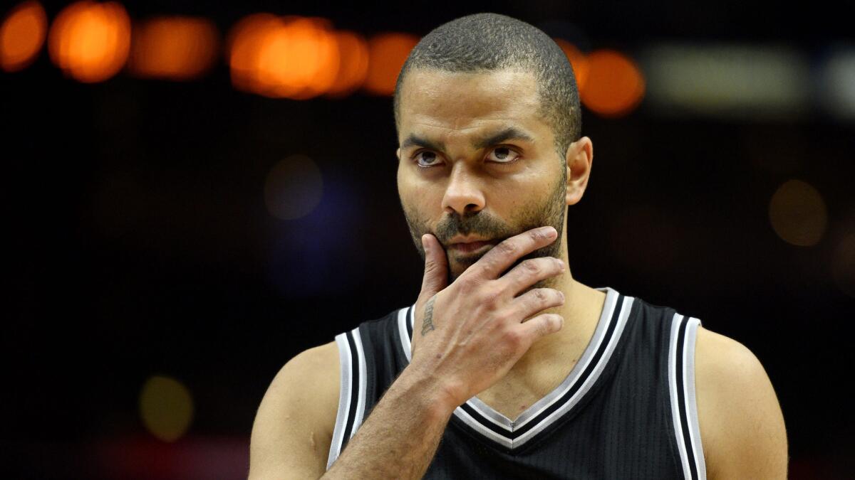 San Antonio Spurs guard Tony Parker looks on during Game 1 of the Western Conference quarterfinals against the Clippers at Staples Center on Sunday.