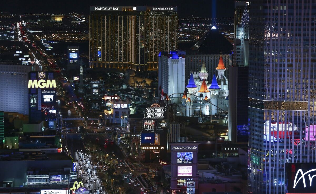 Hotels and casinos are seen along the Las Vegas Strip.