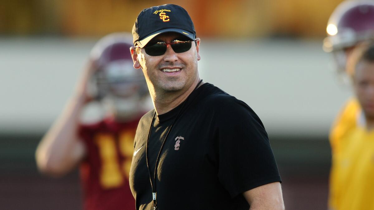 USC Coach Steve Sarkisian at a practice in August 2014.