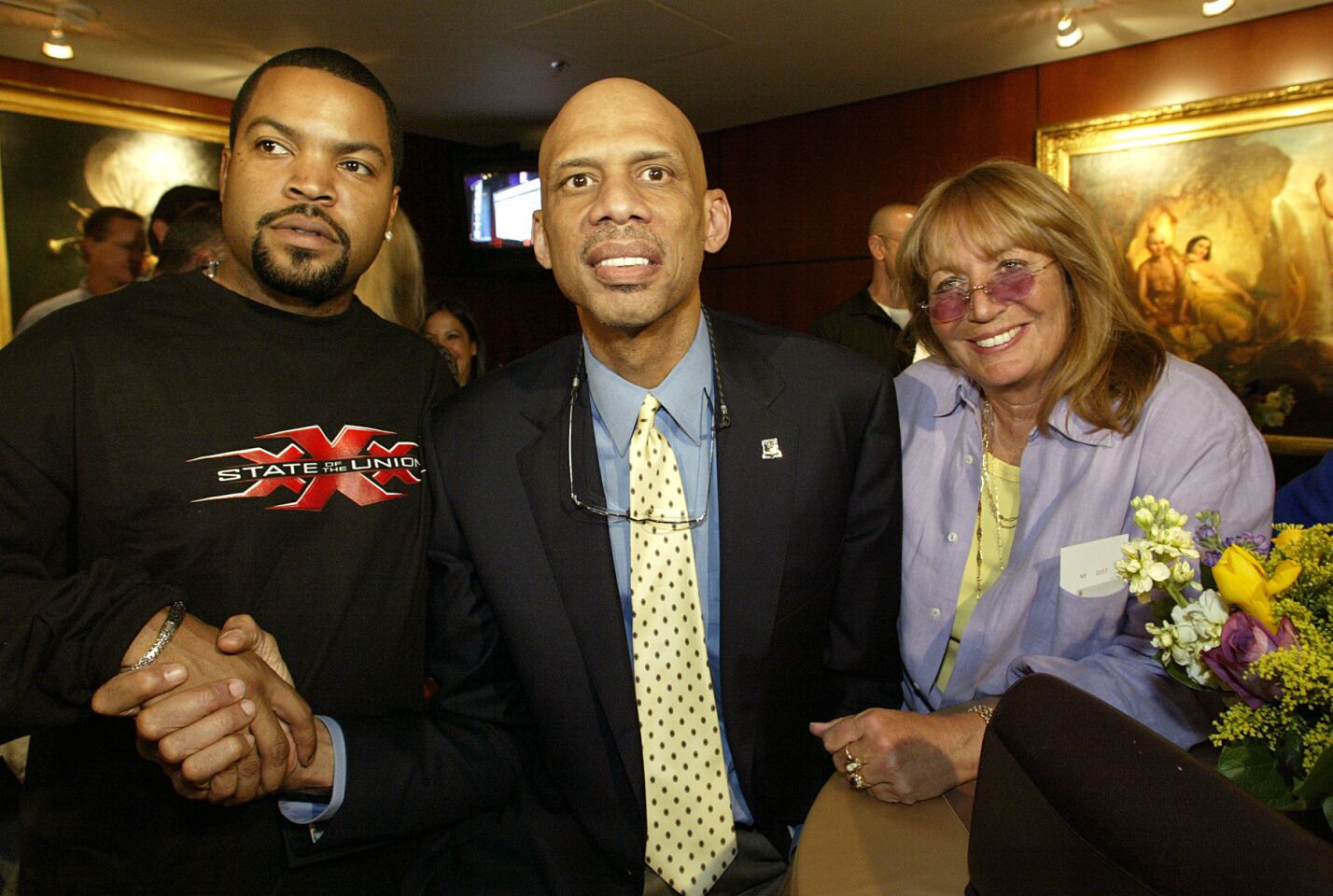 Penny Marshall, a longtime Lakers fan, and Ice Cube were among those on hand at Staples Center for the 2005 celebration of the 1985 championship Lakers team, which included Kareem Abdul-Jabbar, center.