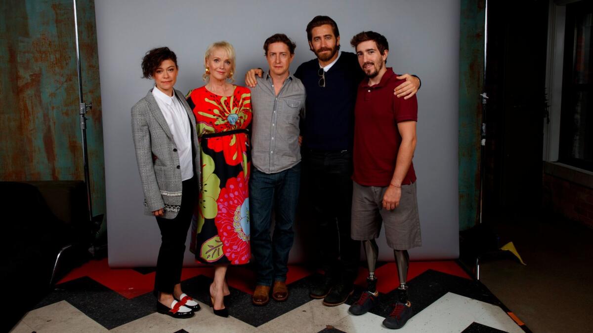 Tatiana Maslany, Miranda Richardson (who plays Bauman's mother), David Gordon Green, Jake Gyllenhaal, and Jeff Bauman at the Toronto International Film Festival.