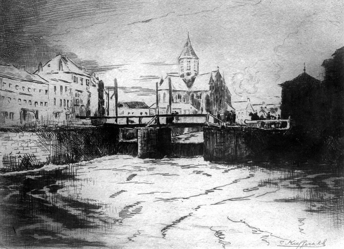 1918: Artist drawing shows bridge built by Company E, 316th Engineers, Andenarde, (now Oudenaarde), Belgium, during World War l.