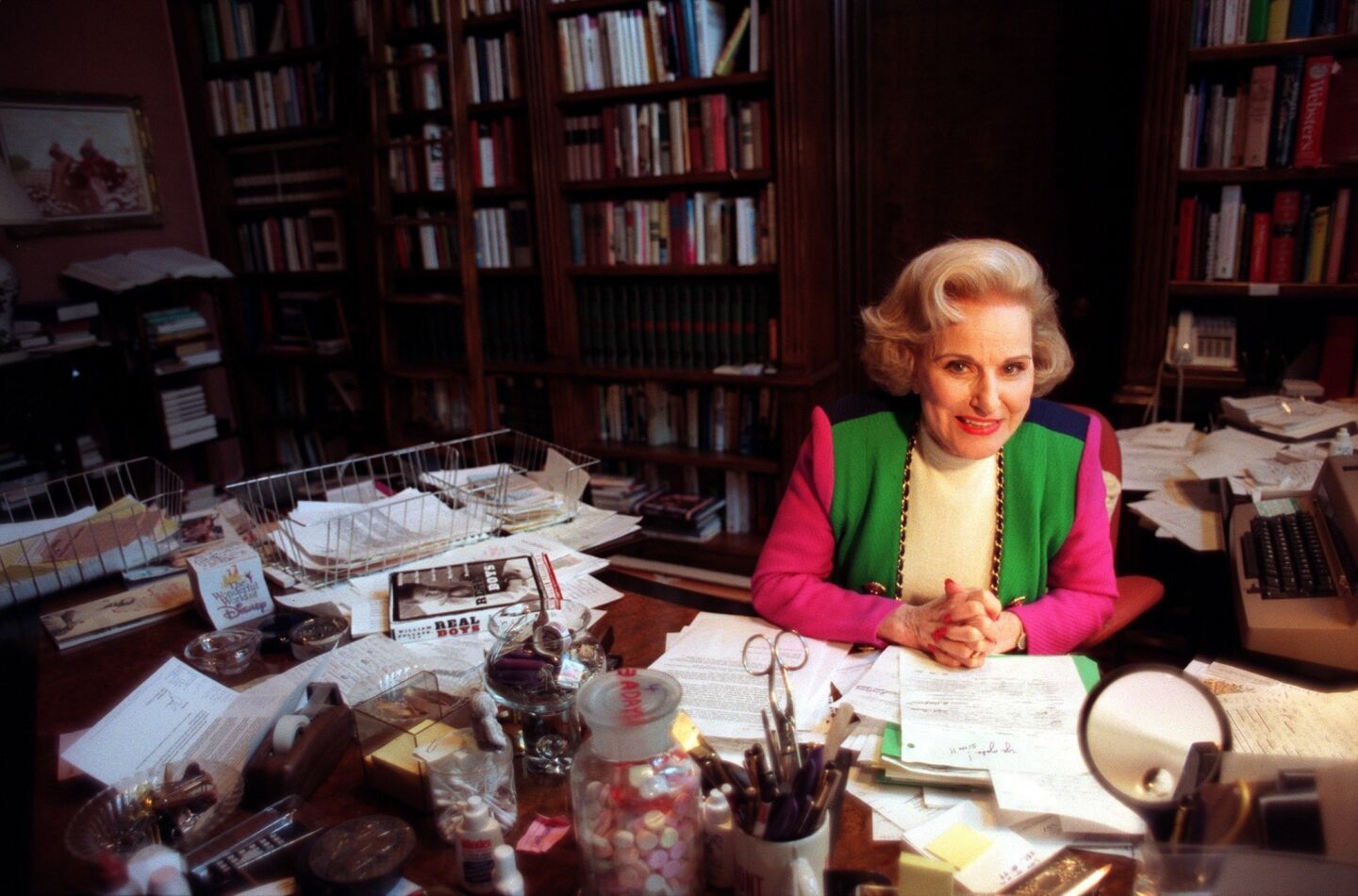 Pauline Friedman Phillips, a.k.a. Abigail Van Buren, takes a break from reading letters for her "Dear Abby" column inside her home office in Beverly Hills.