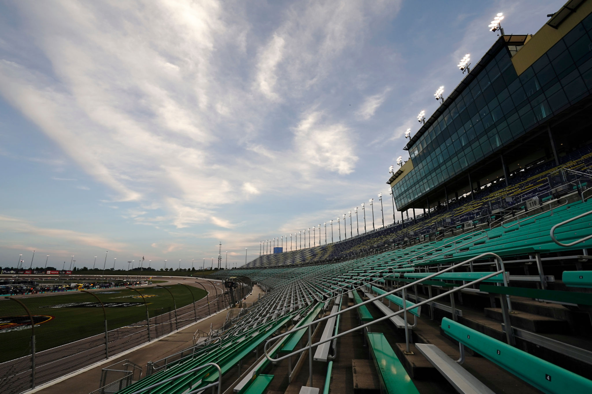 A general view of empty stands during a NASCAR Cup race at Kansas Speedway.