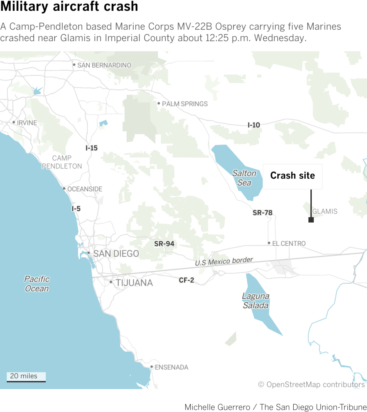 Map that shows location of Osprey crash northeast of El Centro, Calif.