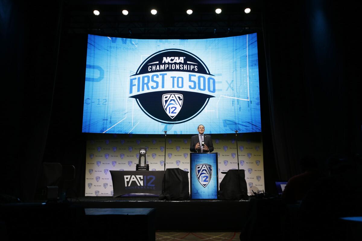 Pac-12 Commissioner Larry Scott at Pac-12 Football Media Days in the Ray Dolby Ballroom at Hollywood & Highland Center in Los Angeles.