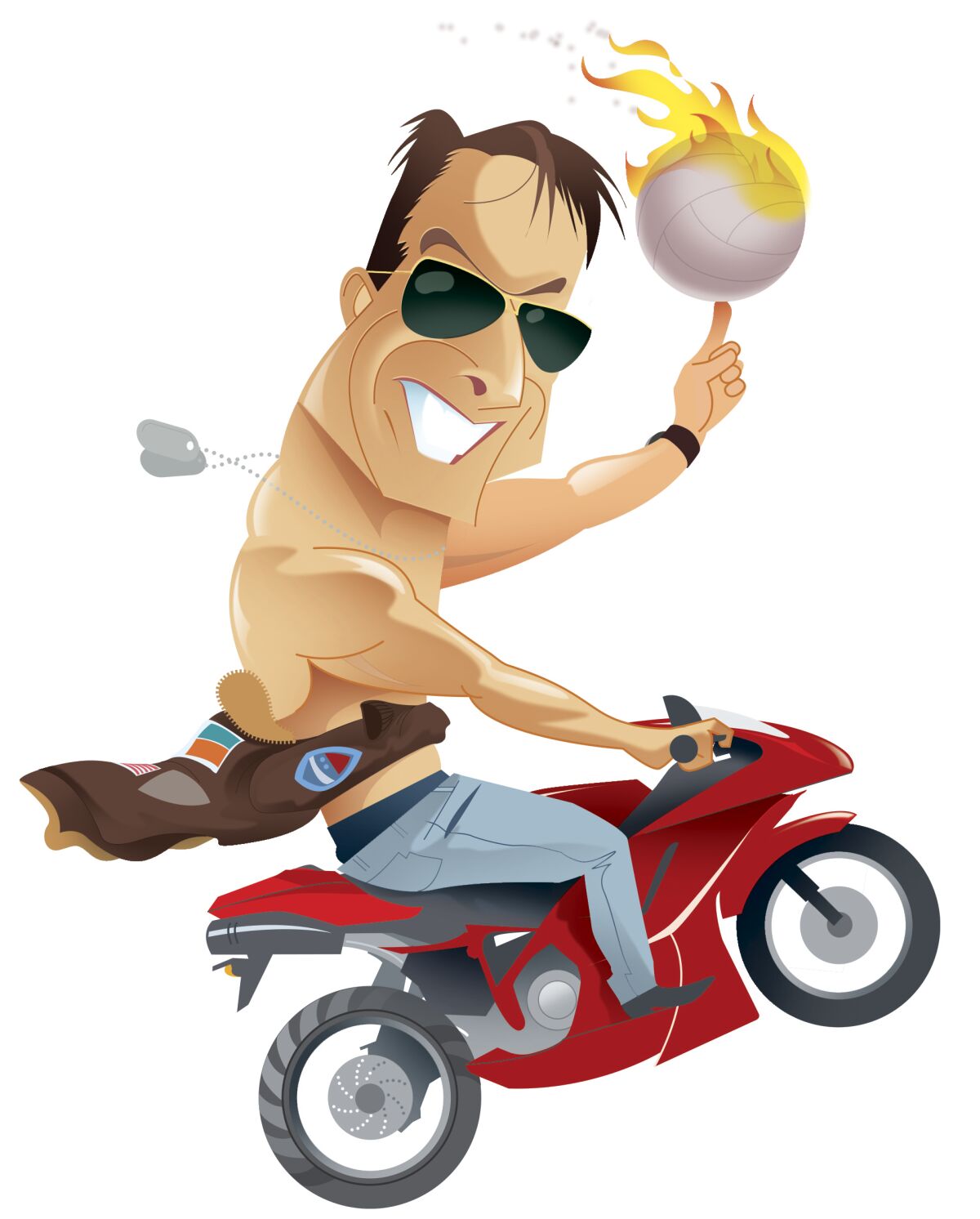 Illustration of Tom Cruise popping a wheelie on a motorcycle.