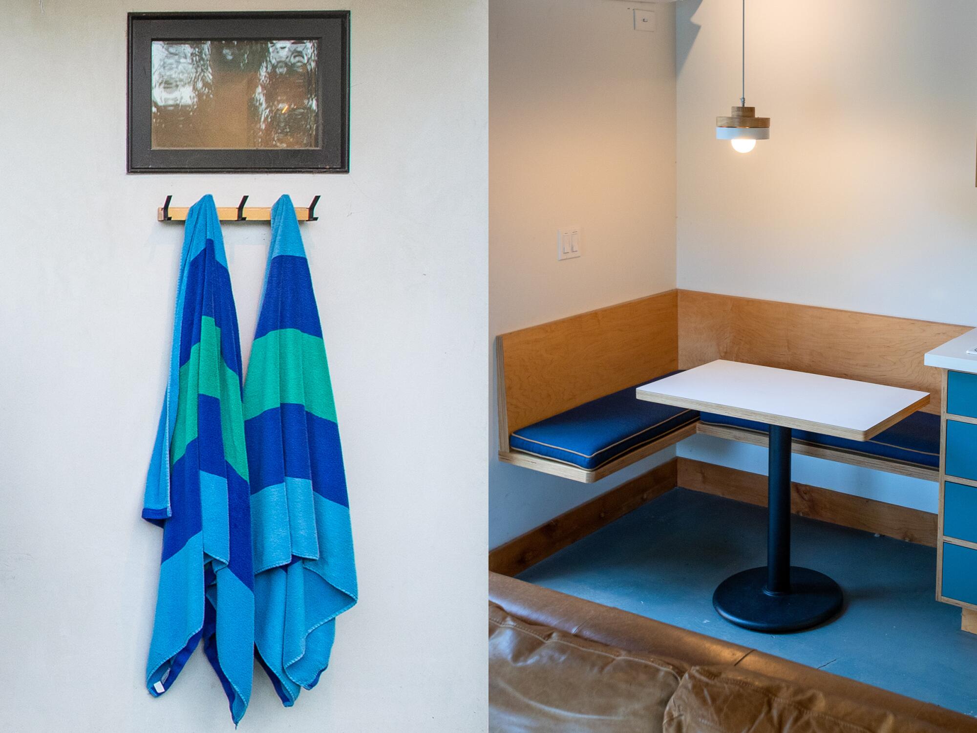Towels hanging on wall hooks under a framed photograph, left; a small corner dining nook