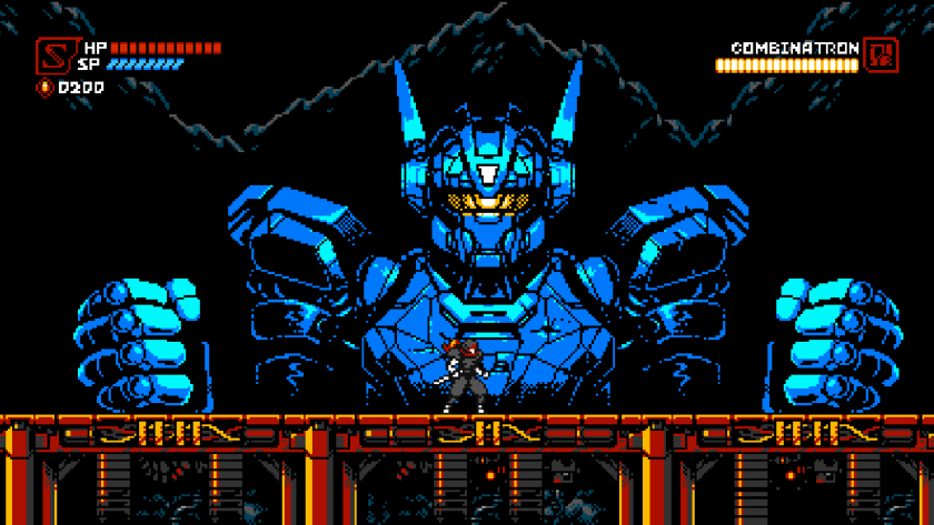 A huge, blue, horned robot in the game "Cyber Shadow." 