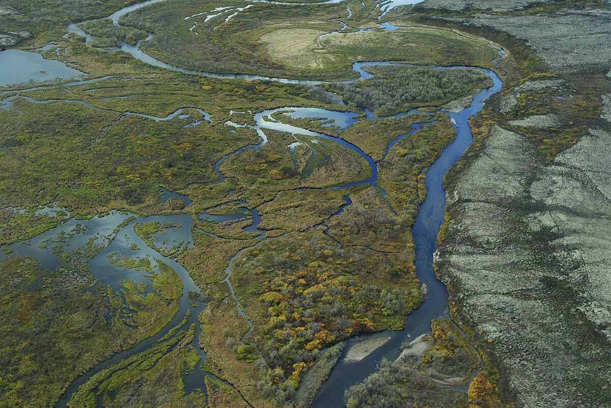 This Sept. 2011 aerial photo provided by the Environmental Protection Agency, shows the Bristol Bay watershed in Alaska. The U.S. Environmental Protection Agency on Tuesday, Jan. 31, 2023, effectively vetoed a proposed copper and gold mine in the remote region of southwest Alaska that is coveted by mining interests but that also supports the world's largest sockeye salmon fishery. (Joseph Ebersole/EPA via AP)