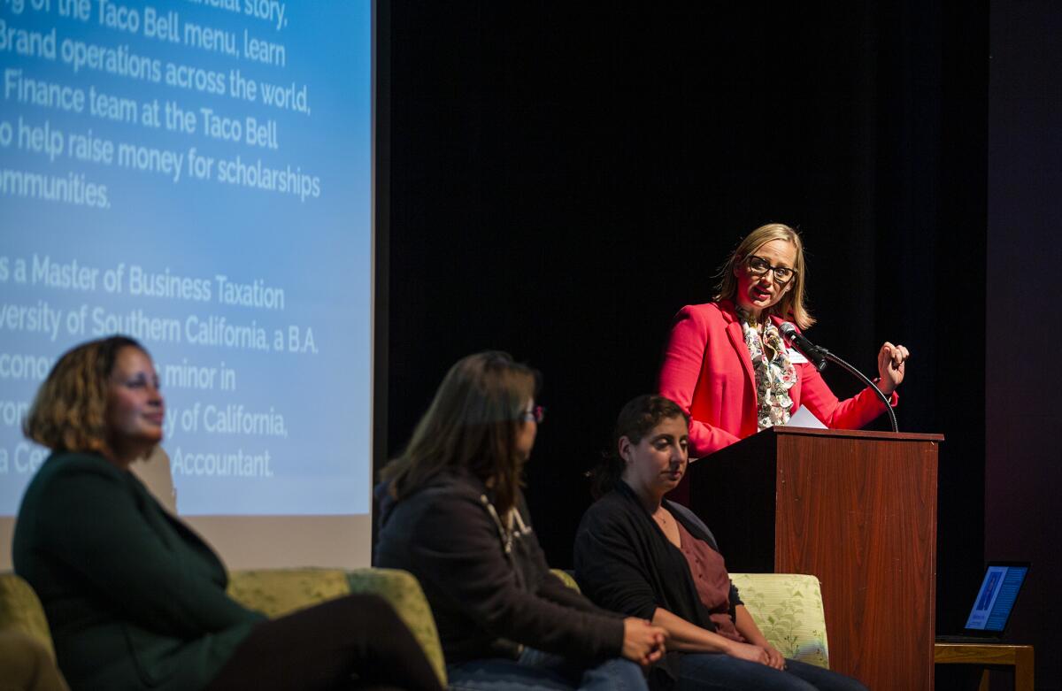City Council Member Natalie Moser speaks during a Women in STEAM panel event at the Huntington Beach Library Theater.