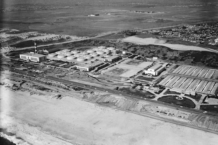 An aerial from Goodyear Blimp of the Playa Del Rey area from 1957 of the coastline from Redondo Beach to Playa Del Rey with the Hyperion Reclamation Plant on the left of the frame.