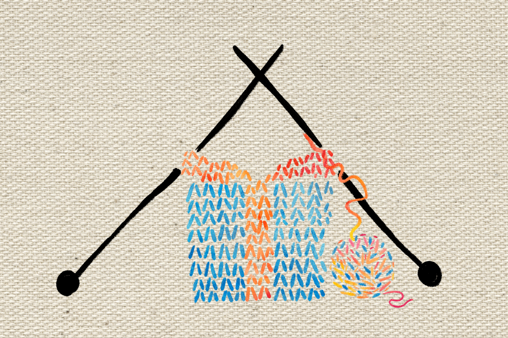 Animated illustration of a knitted gift box